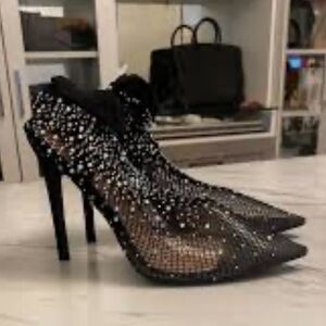 Elegant Black sock stiletto heel shoes with rhinestones
